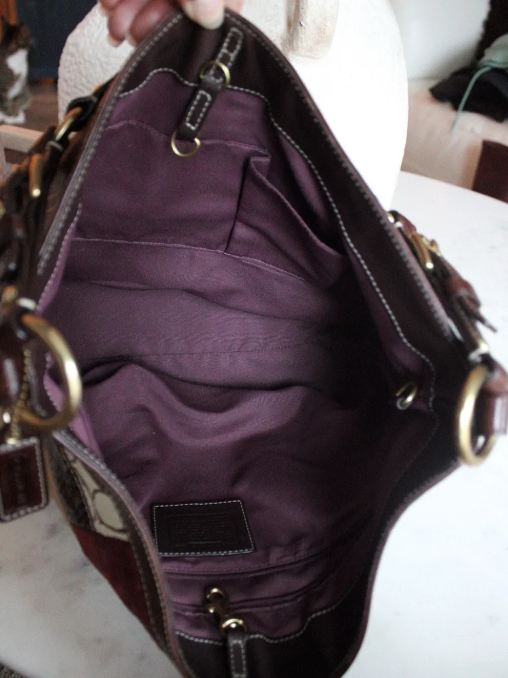 Coach Brown Patchwork Signature Canvas & Leather Shoulder Bag with Gold Hardware